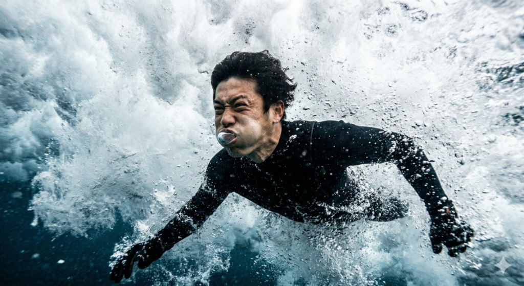 波に飲まれて必死に水中で耐えているサーファー